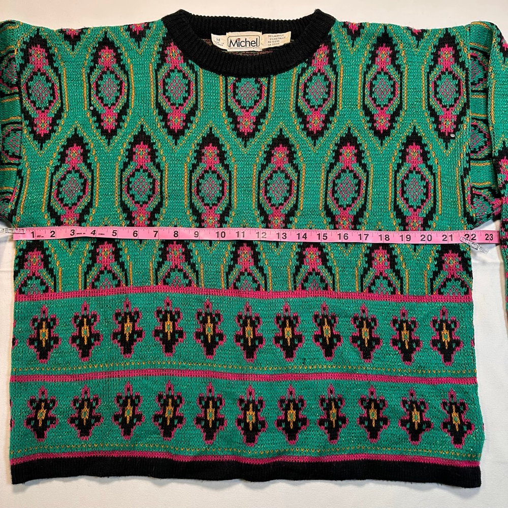 Michel | Vintage 1990s Cropped Metallic Geometric Knit Sweater | Jewel Tone | M - Picture 6 of 9